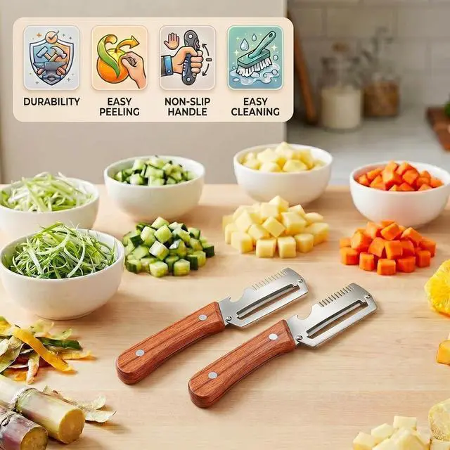 Alt view image 7 of 7 - Multifunctional Vegetable Peeler for Kitchen, Stainless Steel Fruit Peeler | 3 in 1 Wooden Handle and Bottle Opener Fruit Peeler Knife Scallion Shredder,Zero Snag Wooden Kitchen Tool