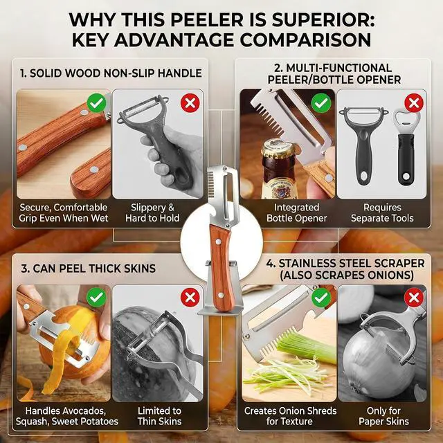 Alt view image 5 of 7 - Multifunctional Vegetable Peeler for Kitchen, Stainless Steel Fruit Peeler | 3 in 1 Wooden Handle and Bottle Opener Fruit Peeler Knife Scallion Shredder,Zero Snag Wooden Kitchen Tool