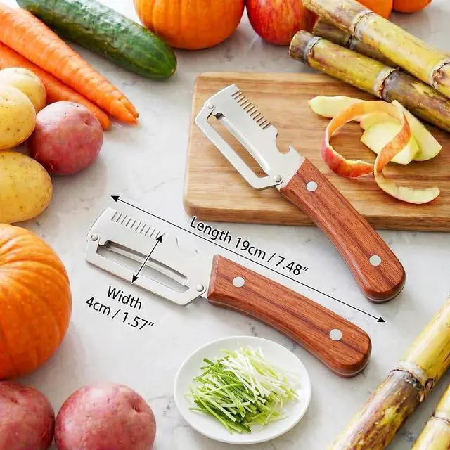 Alt view image 6 of 7 - Multifunctional Vegetable Peeler for Kitchen, Stainless Steel Fruit Peeler | 3 in 1 Wooden Handle and Bottle Opener Fruit Peeler Knife Scallion Shredder,Zero Snag Wooden Kitchen Tool