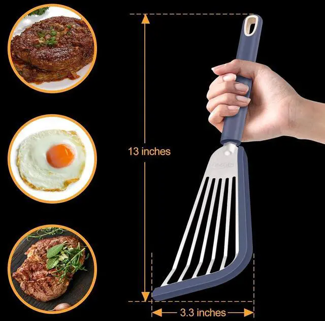 Alt view image 2 of 7 - Thin Flexible & Sturdy Fish Spatula Stainless Steel with Silicone Coated Edge for Kitchen Cooking Use Nonstick Fish Spatula Egg Flipper, Silicone Handle Heat Resistant Dishwasher Safe-Blue, Silver