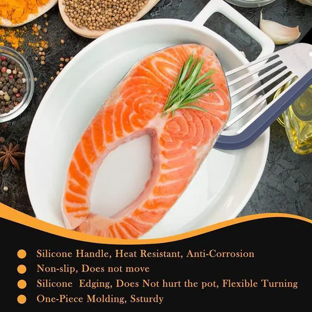 Alt view image 3 of 7 - Thin Flexible & Sturdy Fish Spatula Stainless Steel with Silicone Coated Edge for Kitchen Cooking Use Nonstick Fish Spatula Egg Flipper, Silicone Handle Heat Resistant Dishwasher Safe-Blue, Silver