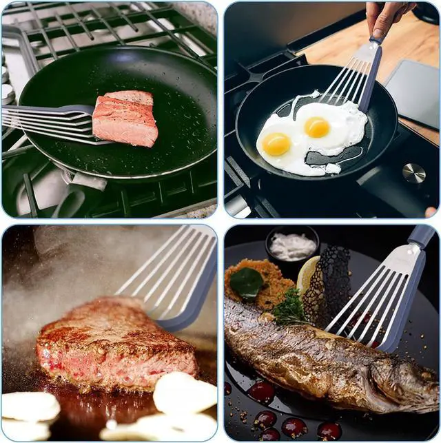 Alt view image 4 of 7 - Thin Flexible & Sturdy Fish Spatula Stainless Steel with Silicone Coated Edge for Kitchen Cooking Use Nonstick Fish Spatula Egg Flipper, Silicone Handle Heat Resistant Dishwasher Safe-Blue, Silver