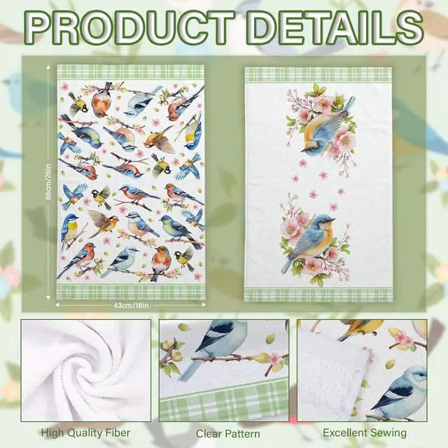 Alt view image 2 of 7 - Bird Kitchen Towels, Floral Spring Kitchen Bathroom Dish Towels, 2-Pack, 18x26 Inch, Multicolor, Polyester
