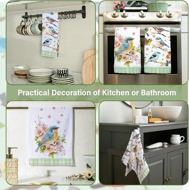Alt view image 4 of 7 - Bird Kitchen Towels, Floral Spring Kitchen Bathroom Dish Towels, 2-Pack, 18x26 Inch, Multicolor, Polyester