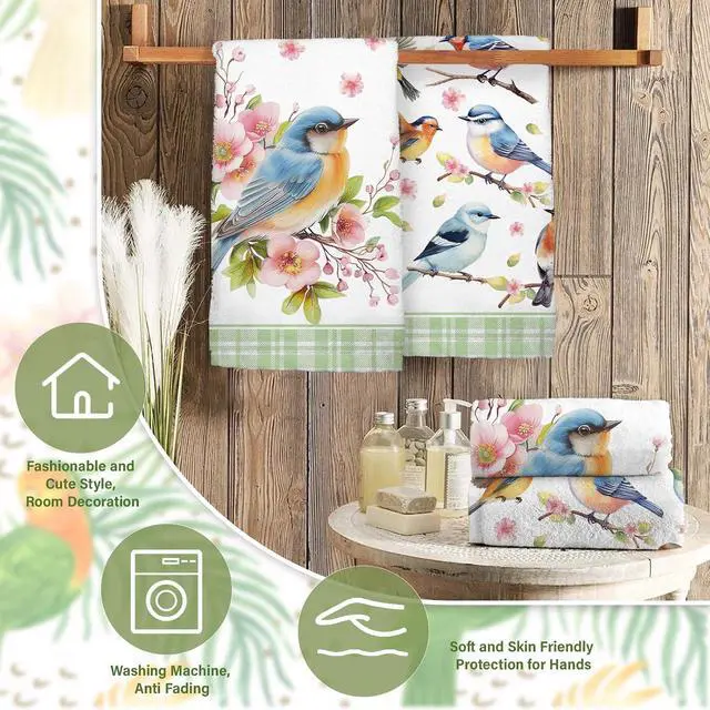 Alt view image 5 of 7 - Bird Kitchen Towels, Floral Spring Kitchen Bathroom Dish Towels, 2-Pack, 18x26 Inch, Multicolor, Polyester