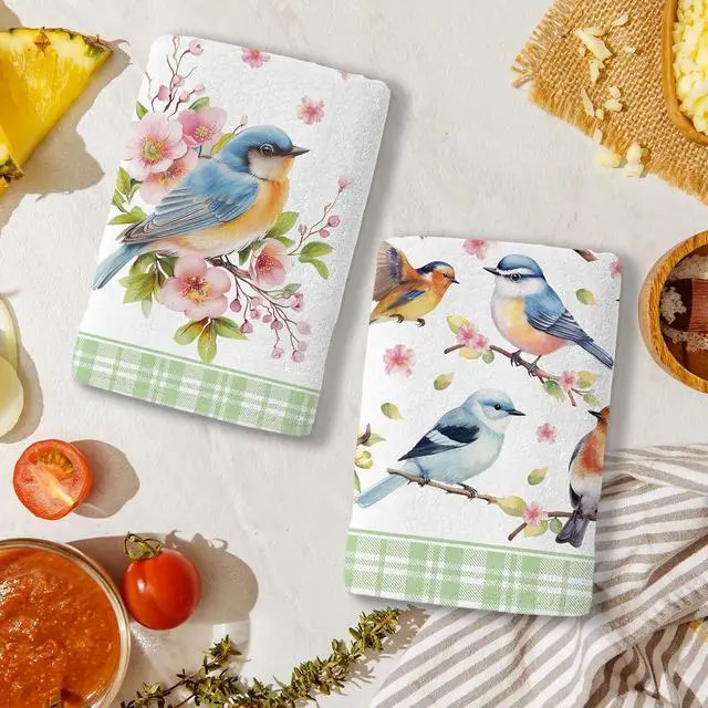 Alt view image 6 of 7 - Bird Kitchen Towels, Floral Spring Kitchen Bathroom Dish Towels, 2-Pack, 18x26 Inch, Multicolor, Polyester
