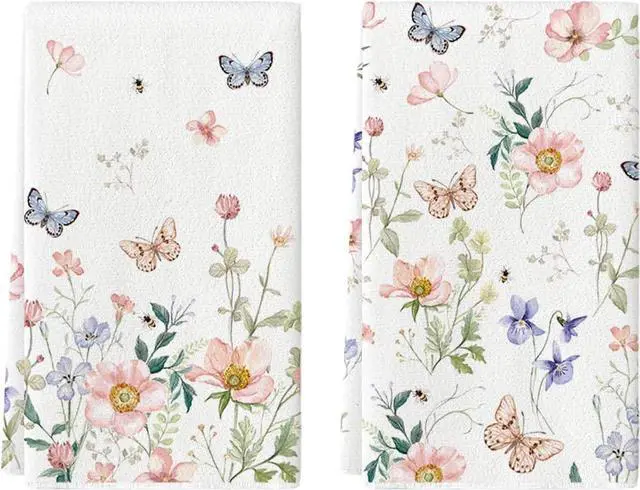 Main image of Artoid Mode Floral Leaves Butterfly Spring Kitchen Towels Dish Towels, 18x26 Inch Seasonal Summer Decoration Hand Towels Set of 2