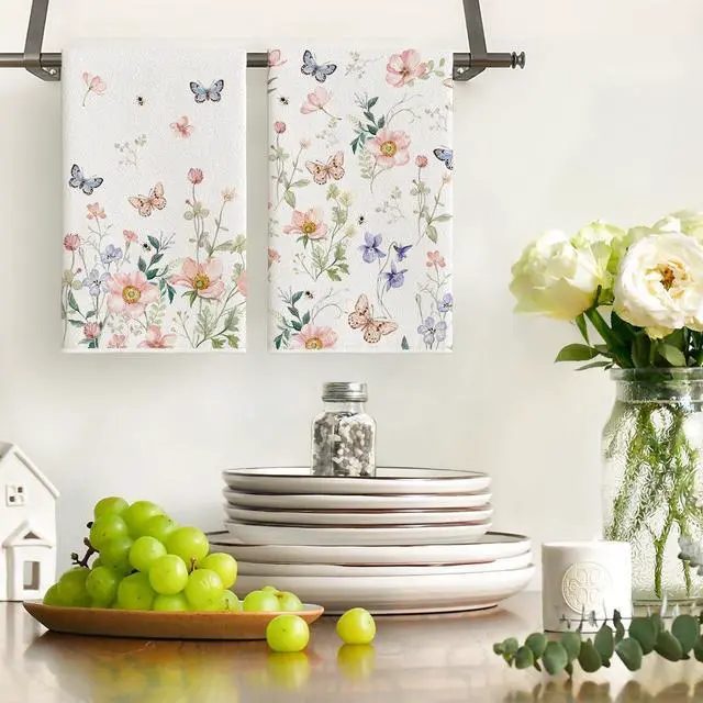 Alt view image 2 of 6 - Artoid Mode Floral Leaves Butterfly Spring Kitchen Towels Dish Towels, 18x26 Inch Seasonal Summer Decoration Hand Towels Set of 2