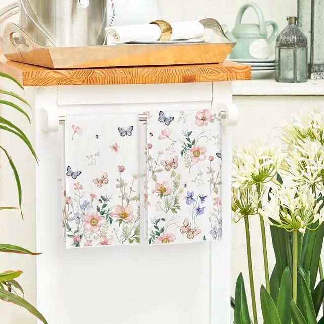 Alt view image 4 of 6 - Artoid Mode Floral Leaves Butterfly Spring Kitchen Towels Dish Towels, 18x26 Inch Seasonal Summer Decoration Hand Towels Set of 2