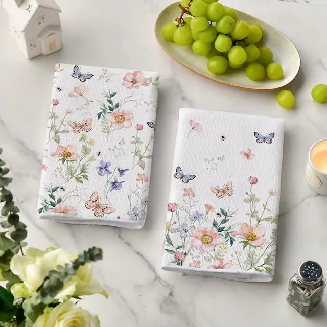 Alt view image 3 of 6 - Artoid Mode Floral Leaves Butterfly Spring Kitchen Towels Dish Towels, 18x26 Inch Seasonal Summer Decoration Hand Towels Set of 2