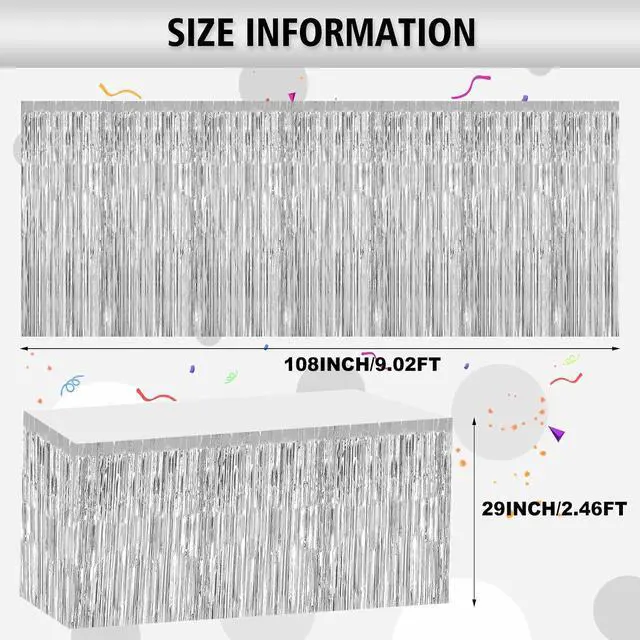 Alt view image 2 of 6 - 2 Pack 29.5x108 Inch Silver Foil Tinsel Fringe Table Skirts, Disposable Table Skirts for Rectangle Tables Curtains Backdrop Parade Wedding Floats Baby Shower Birthday Mardi Gras Party