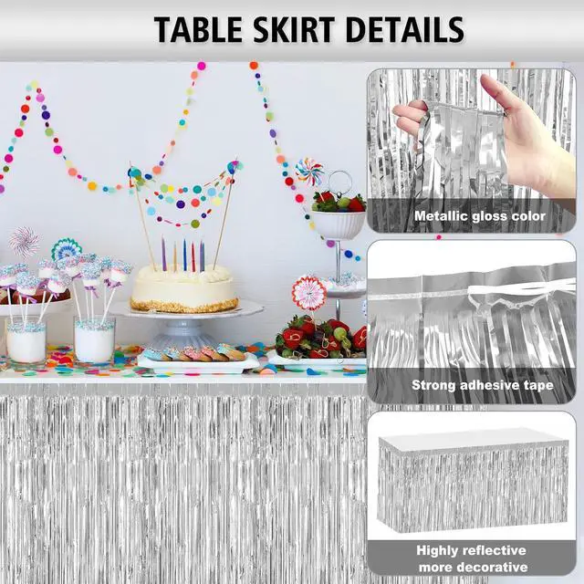 Alt view image 3 of 6 - 2 Pack 29.5x108 Inch Silver Foil Tinsel Fringe Table Skirts, Disposable Table Skirts for Rectangle Tables Curtains Backdrop Parade Wedding Floats Baby Shower Birthday Mardi Gras Party