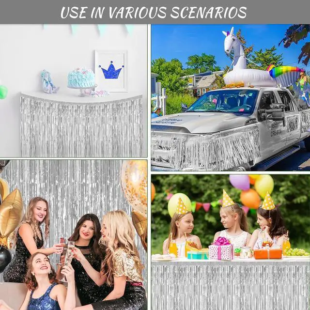 Alt view image 6 of 6 - 2 Pack 29.5x108 Inch Silver Foil Tinsel Fringe Table Skirts, Disposable Table Skirts for Rectangle Tables Curtains Backdrop Parade Wedding Floats Baby Shower Birthday Mardi Gras Party