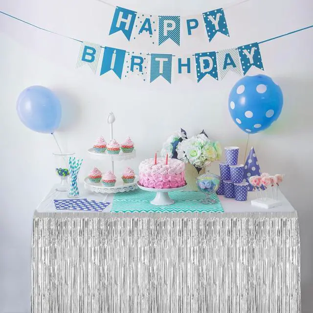 Alt view image 5 of 6 - 2 Pack 29.5x108 Inch Silver Foil Tinsel Fringe Table Skirts, Disposable Table Skirts for Rectangle Tables Curtains Backdrop Parade Wedding Floats Baby Shower Birthday Mardi Gras Party