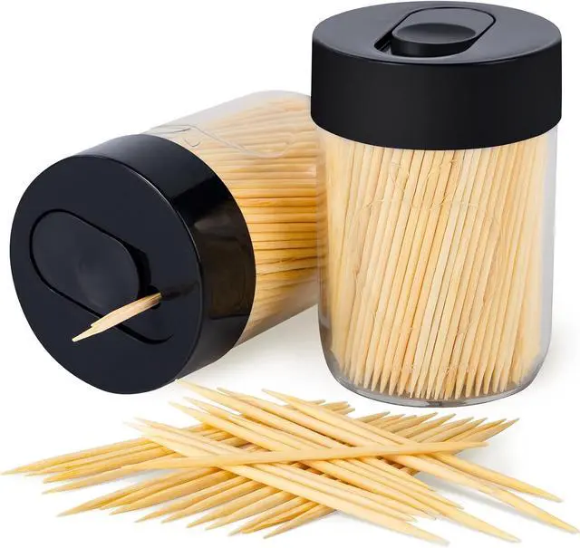 Main image of Sturdy Toothpick Holder with 800 Natural Toothpicks Wooden 2Pack Black | Upgraded Resistant Bend & Break Durable Tooth Picks for Teeth Cleaning DIY Crafts Appetizer Olive Barbecue Fruit Food