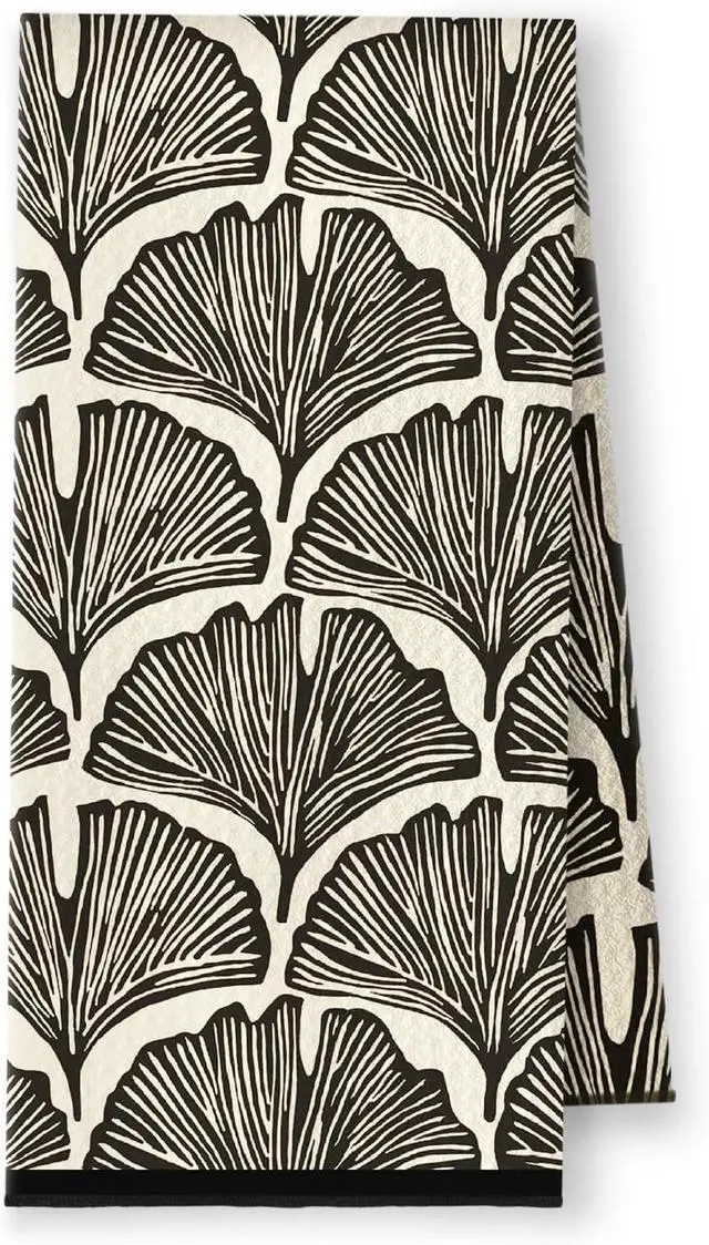 Main image of Black Abstract Ginkgo Leaf Kitchen Towels, Boho Abstract Fanshaped Dish Tea Towels, Mid Century Modern Art Deco Decorative Hand Towel for Bathroom Kitchen, 16x24 Inch