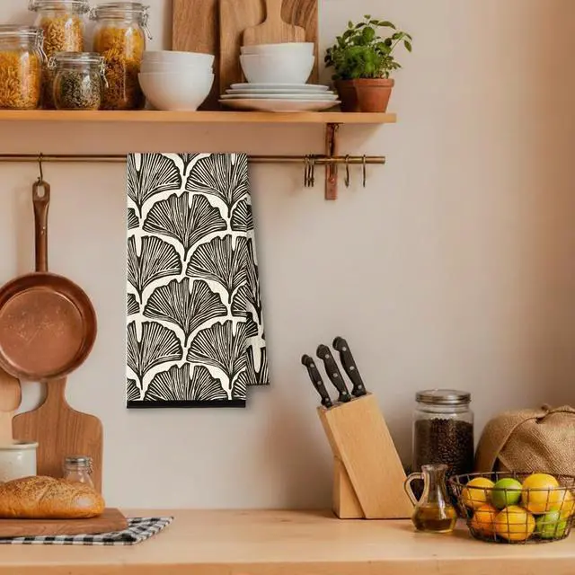 Alt view image 2 of 6 - Black Abstract Ginkgo Leaf Kitchen Towels, Boho Abstract Fanshaped Dish Tea Towels, Mid Century Modern Art Deco Decorative Hand Towel for Bathroom Kitchen, 16x24 Inch