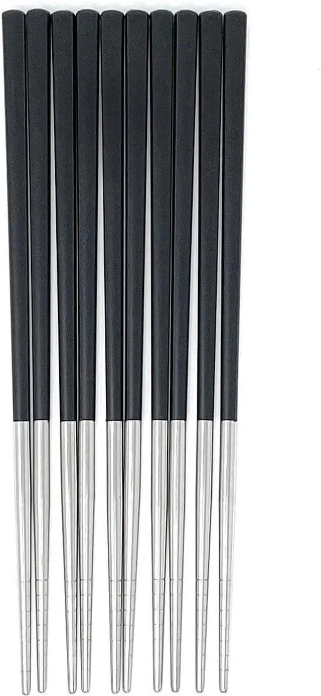 Main image of Qinlang Reusable Chopsticks, Stainless Steel Tips/Fiber Glass Handles, Dishwasher Safe, Non-Slip Metal Chopsticks for Cooking Eating, 5 Pairs Gift Pack - Black