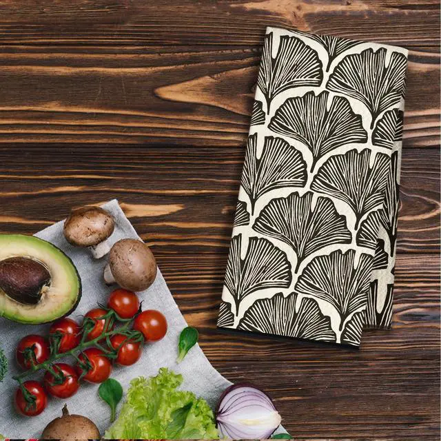 Alt view image 4 of 6 - Black Abstract Ginkgo Leaf Kitchen Towels, Boho Abstract Fanshaped Dish Tea Towels, Mid Century Modern Art Deco Decorative Hand Towel for Bathroom Kitchen, 16x24 Inch