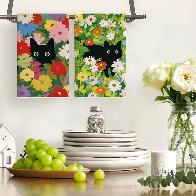 Alt view image 2 of 6 - Artoid Mode Floral Cat Wild Grass Spring Kitchen Towels Dish Towels, 18x26 Inch Farmhouse Summer Decoration Cleaning Set of 2
