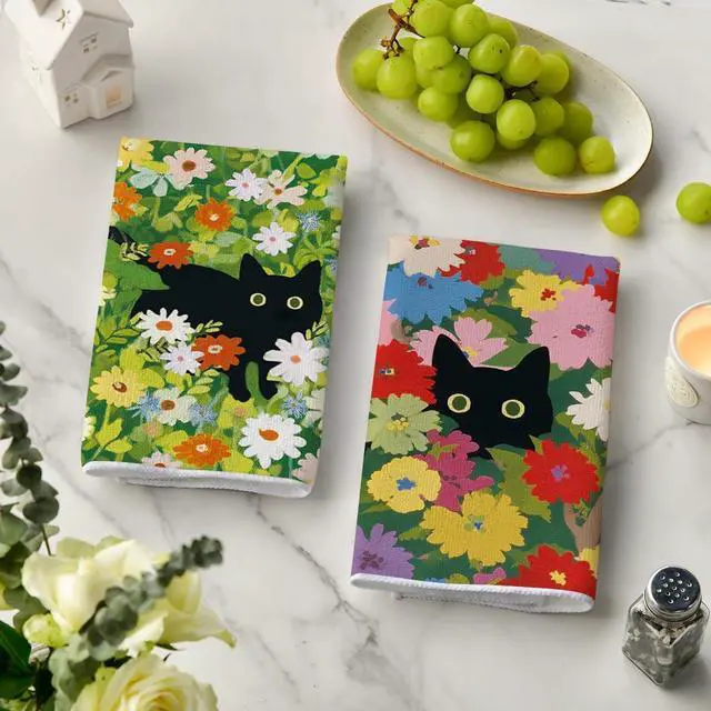 Alt view image 3 of 6 - Artoid Mode Floral Cat Wild Grass Spring Kitchen Towels Dish Towels, 18x26 Inch Farmhouse Summer Decoration Cleaning Set of 2