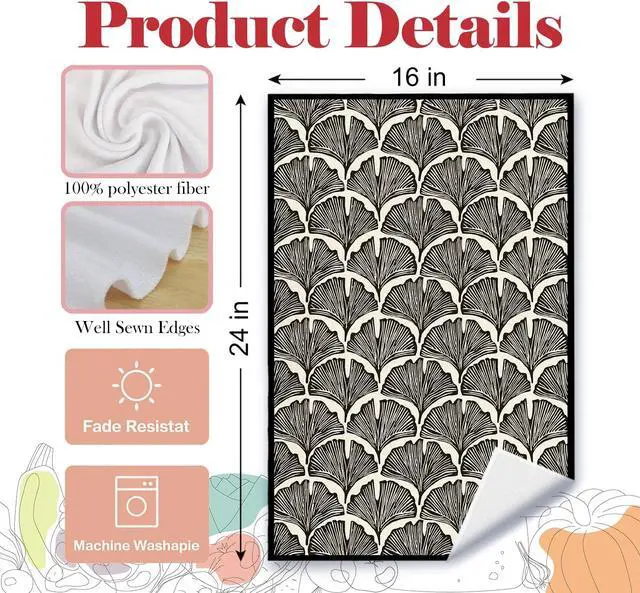 Alt view image 6 of 6 - Black Abstract Ginkgo Leaf Kitchen Towels, Boho Abstract Fanshaped Dish Tea Towels, Mid Century Modern Art Deco Decorative Hand Towel for Bathroom Kitchen, 16x24 Inch