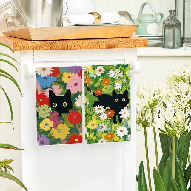 Alt view image 4 of 6 - Artoid Mode Floral Cat Wild Grass Spring Kitchen Towels Dish Towels, 18x26 Inch Farmhouse Summer Decoration Cleaning Set of 2