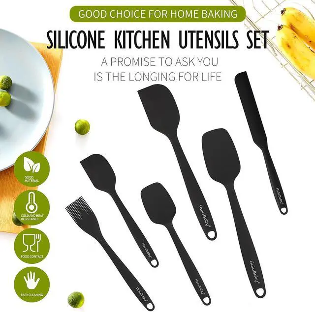 Alt view image 7 of 7 - Permanent Warranty Silicone Spatula Set of 6 Seamless One-Piece Non Stick Heat Resistant up 600°F Kitchen Utensils Cooking Baking (Black)