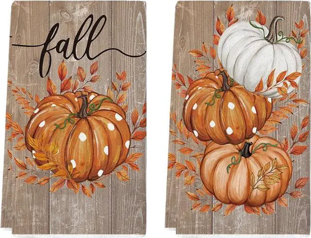 Main image of Artoid Mode Wood Pumpkin Leaves Fall Kitchen Towels Set of 2 18x26 Inch | Thanksgiving Autumn Wood Buffalo Plaid Hand & Dish Towels,Ultra Absorbent,Seasonal Farmhouse Decoration