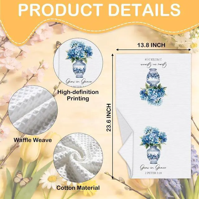 Alt view image 2 of 6 - Christian Floral Kitchen Towels, Blue White Porcelain Hydrangea Towel, 06 | Chinoiserie Floral Scripture Tea Hand Dish Towel For Bathroom, Religious Bible Housewarming Gifts For Thanksgiving Christmas