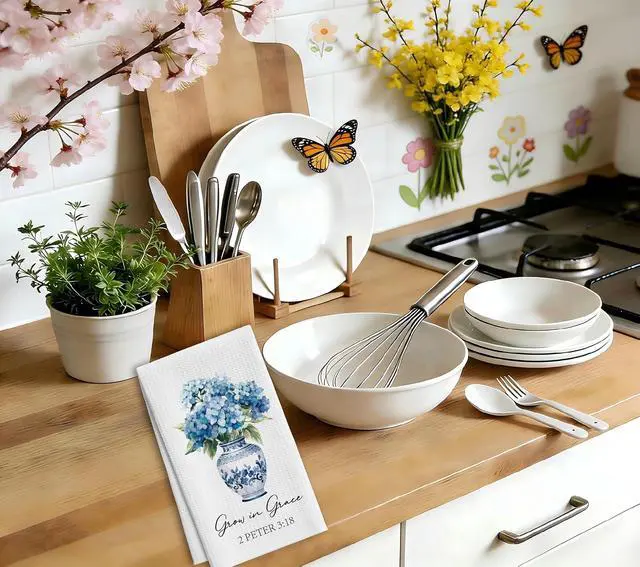 Alt view image 3 of 6 - Christian Floral Kitchen Towels, Blue White Porcelain Hydrangea Towel, 06 | Chinoiserie Floral Scripture Tea Hand Dish Towel For Bathroom, Religious Bible Housewarming Gifts For Thanksgiving Christmas