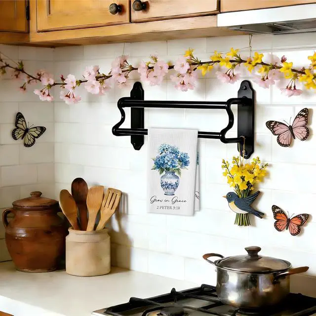 Alt view image 4 of 6 - Christian Floral Kitchen Towels, Blue White Porcelain Hydrangea Towel, 06 | Chinoiserie Floral Scripture Tea Hand Dish Towel For Bathroom, Religious Bible Housewarming Gifts For Thanksgiving Christmas