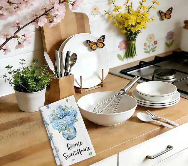 Alt view image 3 of 6 - Blue Hydrangea Tea Towels For Kitchen, Home Sweet Home Floral Towel, 08 | Decorative Retro Flower Butterflies Tea Hand Towel For Bathroom, Pretty Housewarming Gifts For Holiday Thanksgiving Christmas