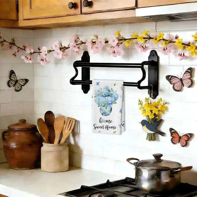 Alt view image 4 of 6 - Blue Hydrangea Tea Towels For Kitchen, Home Sweet Home Floral Towel, 08 | Decorative Retro Flower Butterflies Tea Hand Towel For Bathroom, Pretty Housewarming Gifts For Holiday Thanksgiving Christmas