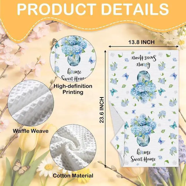 Alt view image 2 of 6 - Blue Hydrangea Tea Towels For Kitchen, Home Sweet Home Floral Towel, 08 | Decorative Retro Flower Butterflies Tea Hand Towel For Bathroom, Pretty Housewarming Gifts For Holiday Thanksgiving Christmas