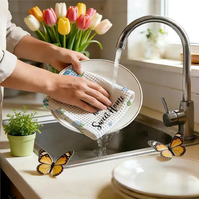 Alt view image 5 of 6 - Blue Hydrangea Tea Towels For Kitchen, Home Sweet Home Floral Towel, 08 | Decorative Retro Flower Butterflies Tea Hand Towel For Bathroom, Pretty Housewarming Gifts For Holiday Thanksgiving Christmas