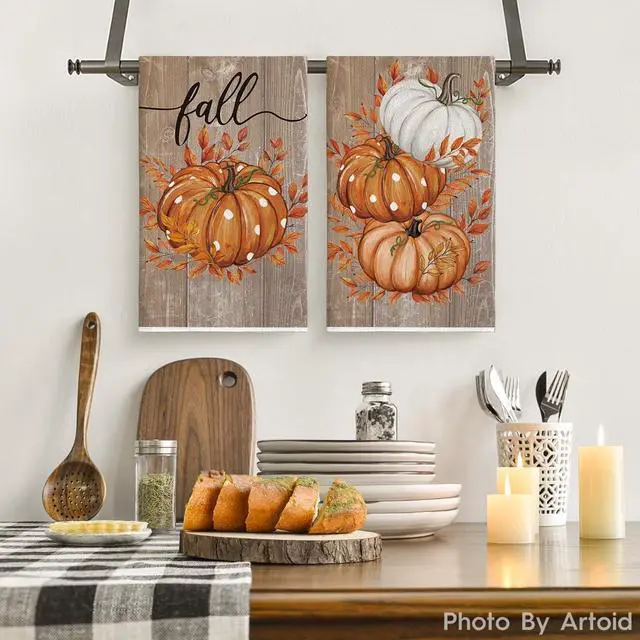 Alt view image 2 of 6 - Artoid Mode Wood Pumpkin Leaves Fall Kitchen Towels Set of 2 18x26 Inch | Thanksgiving Autumn Wood Buffalo Plaid Hand & Dish Towels,Ultra Absorbent,Seasonal Farmhouse Decoration
