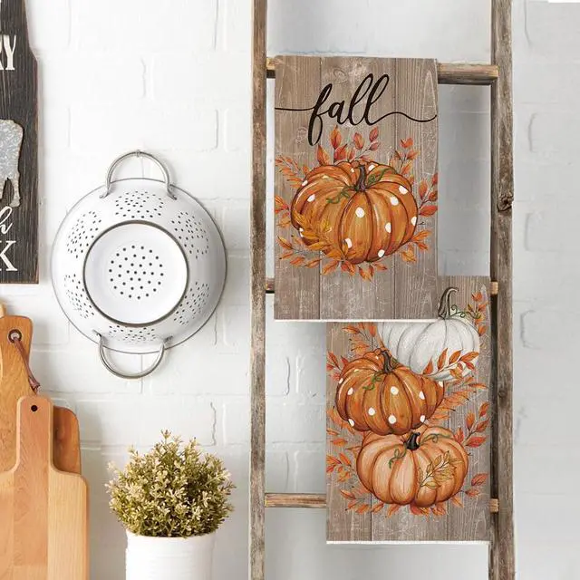 Alt view image 3 of 6 - Artoid Mode Wood Pumpkin Leaves Fall Kitchen Towels Set of 2 18x26 Inch | Thanksgiving Autumn Wood Buffalo Plaid Hand & Dish Towels,Ultra Absorbent,Seasonal Farmhouse Decoration