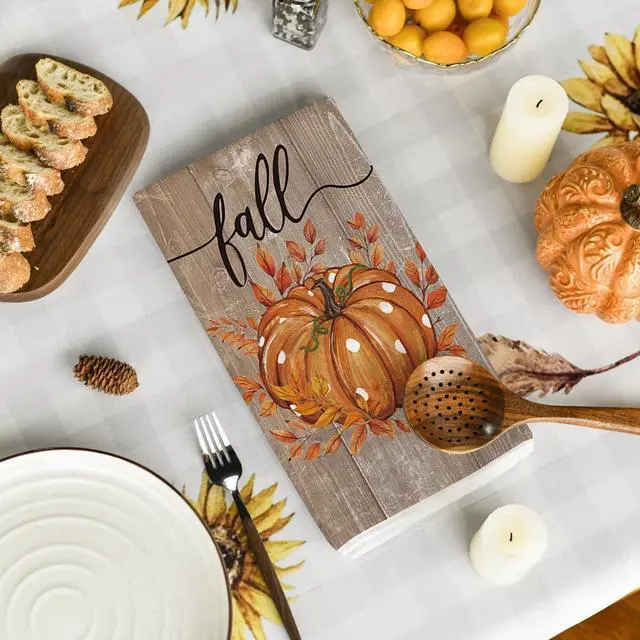 Alt view image 4 of 6 - Artoid Mode Wood Pumpkin Leaves Fall Kitchen Towels Set of 2 18x26 Inch | Thanksgiving Autumn Wood Buffalo Plaid Hand & Dish Towels,Ultra Absorbent,Seasonal Farmhouse Decoration