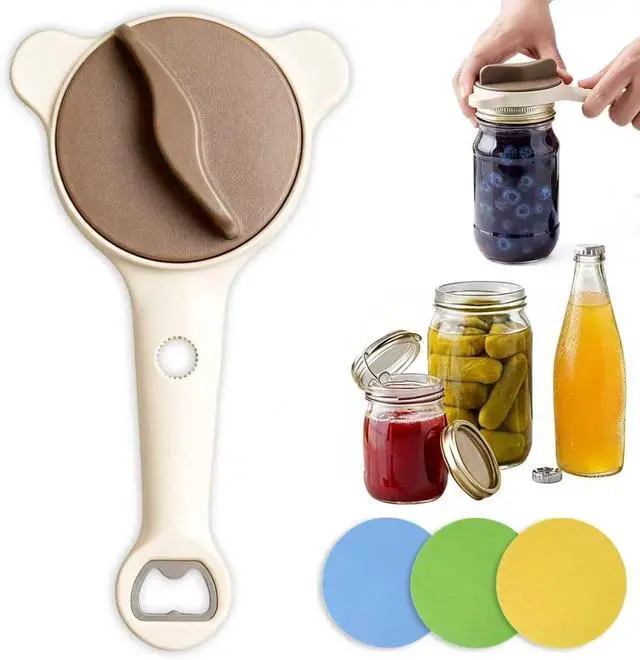 Main image of 4 in 1 Multi-Purpose Jar Opener, with 3pcs Rubber Jar Openers, Adjustable Stainless Steel Lid Remover for Seniors & Arthritis Sufferers, for Weak Hands, Fits Kitchen Jars, Bottles & Cans (Beige)