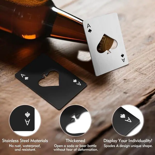 Alt view image 4 of 7 - 6PCS Card Bottle Openers, 3 Black & 3 Silver Poker Themed Cap Openers | Stainless Steel Credit Card Size Beer Bottle Opener, Ace of Spades Design, Destapadores De Cerveza for Wallet Pocket