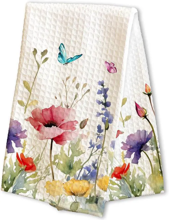 Main image of Spring Colorful Flowers & Butterflies Kitchen Towel - 16 x 24 Inches Wildflowers Kitchen Hand Dish Towel - Decorative Fast Drying Home Dishcloth Decor Gifts for Friends Family - A13
