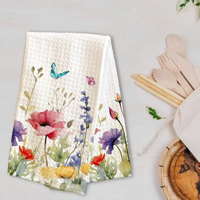 Alt view image 3 of 5 - Spring Colorful Flowers & Butterflies Kitchen Towel - 16 x 24 Inches Wildflowers Kitchen Hand Dish Towel - Decorative Fast Drying Home Dishcloth Decor Gifts for Friends Family - A13