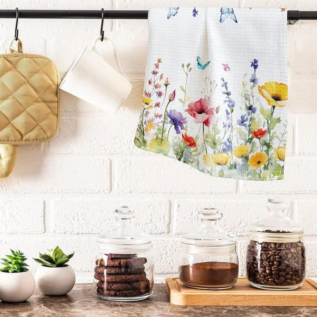Alt view image 4 of 5 - Spring Colorful Flowers & Butterflies Kitchen Towel - 16 x 24 Inches Wildflowers Kitchen Hand Dish Towel - Decorative Fast Drying Home Dishcloth Decor Gifts for Friends Family - A13