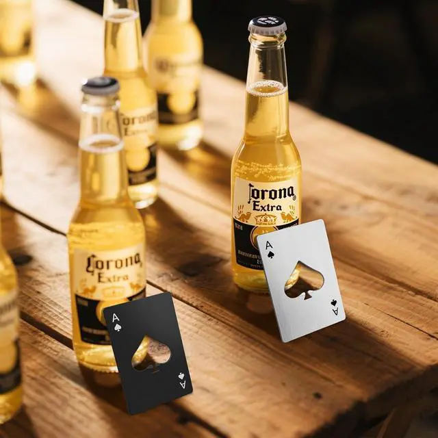 Alt view image 6 of 7 - 6PCS Card Bottle Openers, 3 Black & 3 Silver Poker Themed Cap Openers | Stainless Steel Credit Card Size Beer Bottle Opener, Ace of Spades Design, Destapadores De Cerveza for Wallet Pocket
