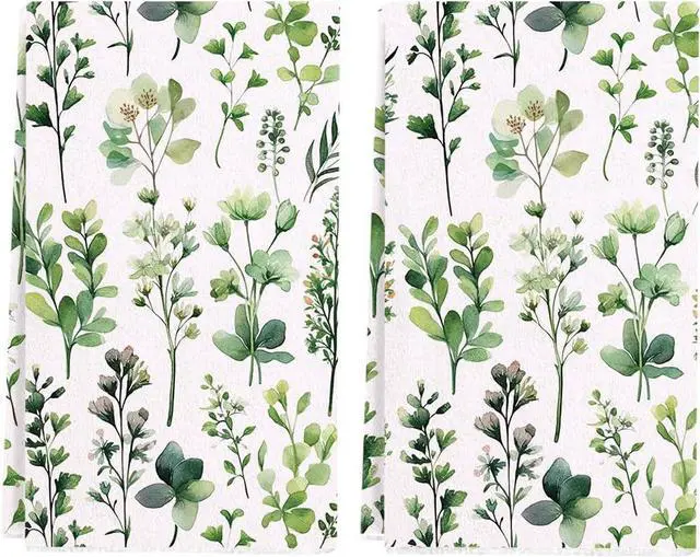 Main image of Spring Summer Kitchen Towels 17x28 Inch,Green Leave Plant Collect Watercolor Floral Dish Towels Bathroom Hand Towels for Drying (Set of 2)