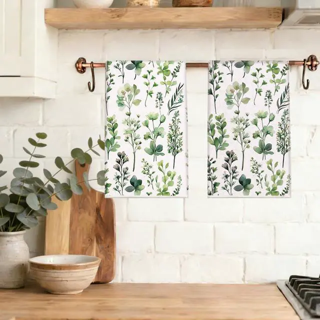 Alt view image 2 of 5 - Spring Summer Kitchen Towels 17x28 Inch,Green Leave Plant Collect Watercolor Floral Dish Towels Bathroom Hand Towels for Drying (Set of 2)