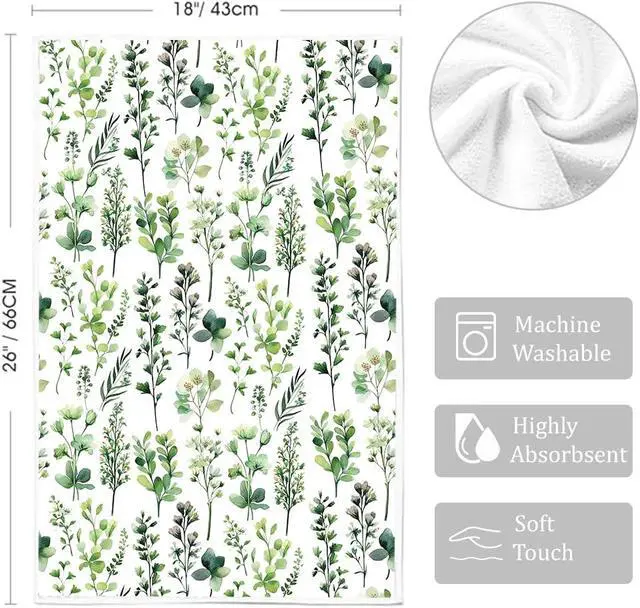 Alt view image 3 of 5 - Spring Summer Kitchen Towels 17x28 Inch,Green Leave Plant Collect Watercolor Floral Dish Towels Bathroom Hand Towels for Drying (Set of 2)