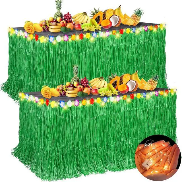 Main image of Aneco 2 Pieces 9 Ft x 30 Inches Luau Grass Table Skirts with LED String Light Hawaiian Table Skirt Lighted Grass Skirt Table Fringe for Tropical, Hawaiian Themed, Birthday Party (Green)