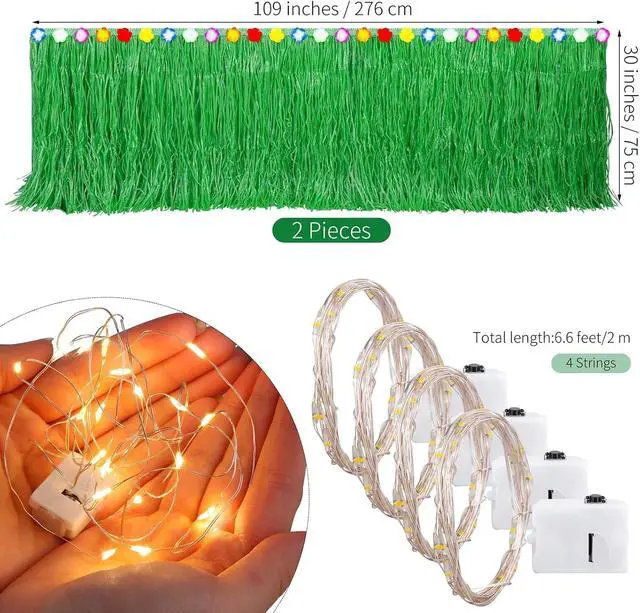 Alt view image 2 of 7 - Aneco 2 Pieces 9 Ft x 30 Inches Luau Grass Table Skirts with LED String Light Hawaiian Table Skirt Lighted Grass Skirt Table Fringe for Tropical, Hawaiian Themed, Birthday Party (Green)